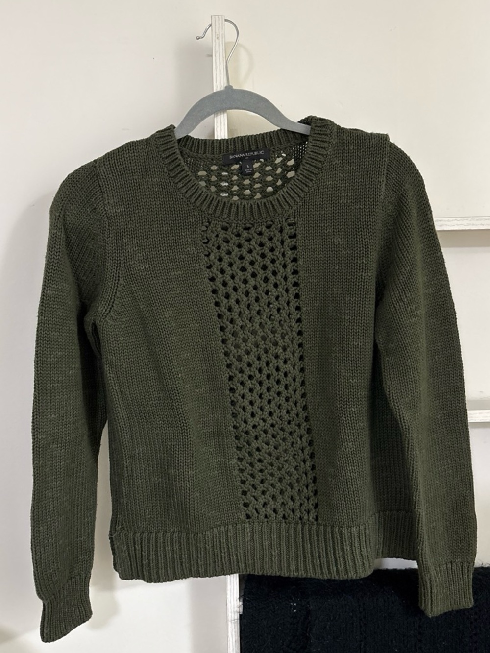Banana Republic Olive Crewneck Sweater with Open-Knit Panel